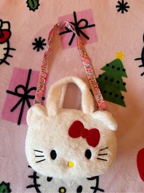 Sanrio Hello Kitty Fluffy White Purse with Pink Adjustable Strap